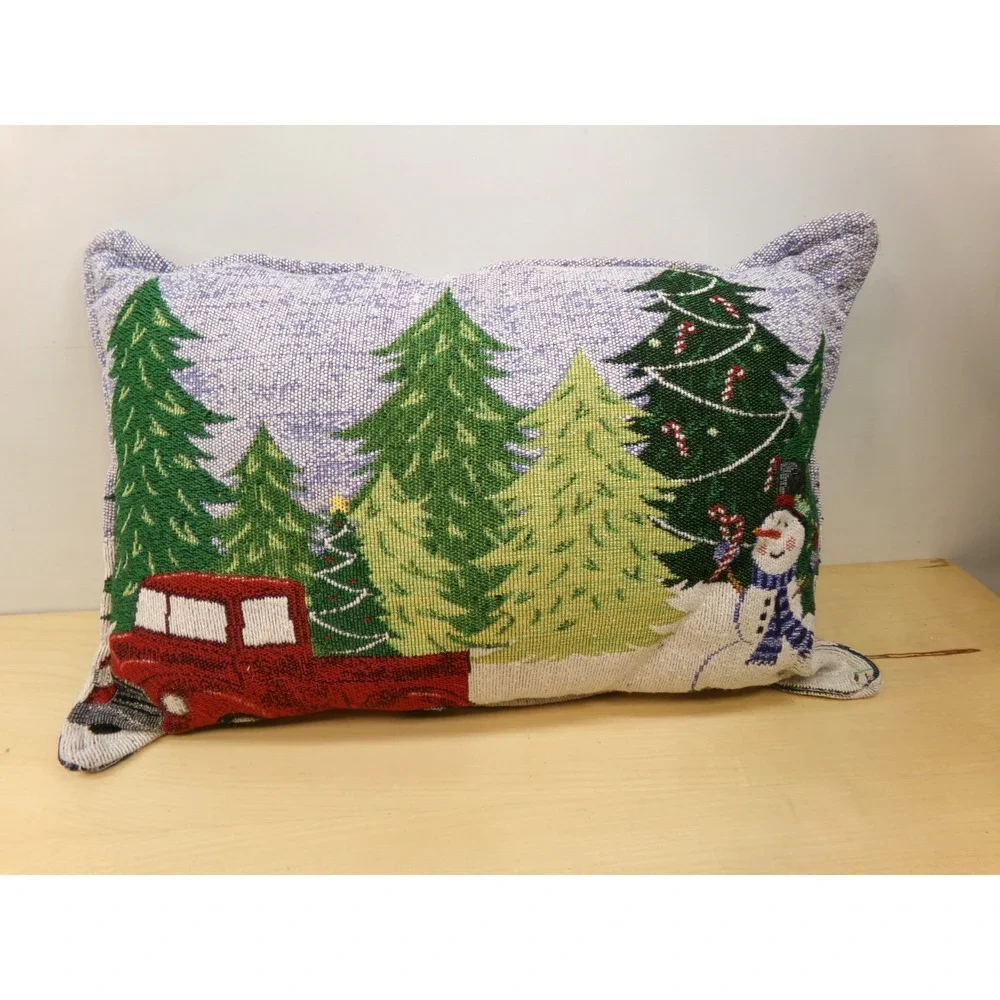 Christmas Holiday Tapestry Pillows 12 x 18 Snowman Pick Up Truck Christmas Trees